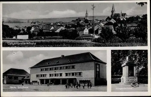 Ak Langenlonsheim an der Nahe Rheinland Pfalz, Neues Schulhaus, Kriegerdenkmal, Totalansicht