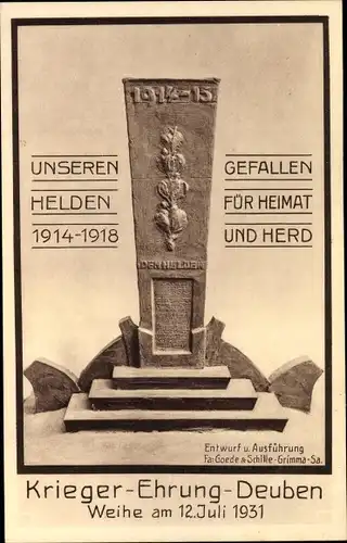 Künstler Ak Deuben Freital in Sachsen, Kriegerdenkmal, Weihe 1931