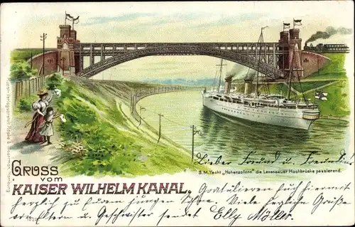 Litho Levensau Neuwittenbek, Hochbrücke, Deutsches Kriegsschiff, Hohenzollern, Yacht