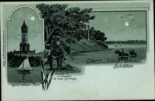 Mondschein Litho Berlin Wilmersdorf Grunewald Schildhorn, Schmidt's Wirtshaus, Kaiser Wilhelm Turm