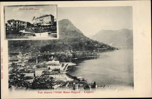 Ak Lugano Kanton Tessin Schweiz, Vue depuis l'Hotel Beau Regard, Blick auf den Ort