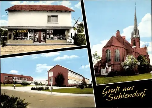 Ak Suhlendorf in der Lüneburger Heide, Kirche, Geschäftshaus, Schule