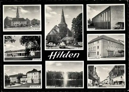 Ak Hilden Nordrhein Westfalen, Kirchen, Sparkasse, Gondelteich, Straßenansicht