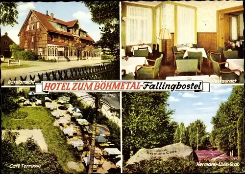 Ak Bad Fallingbostel Lüneburger Heide, Hotel zum Böhmetal, Hermann Löns Grab, Restaurant