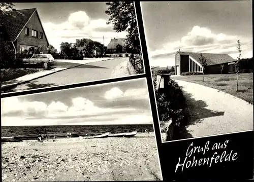 Ak Hohenfelde Kreis Plön in Schleswig Holstein, Kirche, Strandpartie, Straßenpartie
