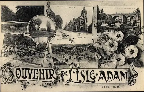 Ak L'Isle Adam Val d’Oise, Pont, L'Eglise, Blumen, Souvenir