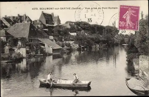 Ak Beaumont sur Sarthe, Vue prise du Pont Romain