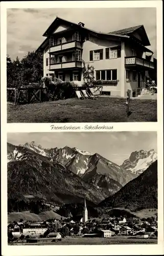 Ak Oberstdorf im Oberallgäu, Fremdenheim Scheibenhaus, Außenansicht, Panorama vom Ort