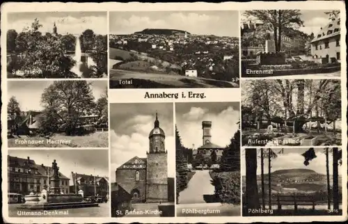 Ak Annaberg Buchholz im Erzgebirge, St. Annenkirche, Ehrenmal, Frohnauer Hammer, Pöhlbergturm, Total