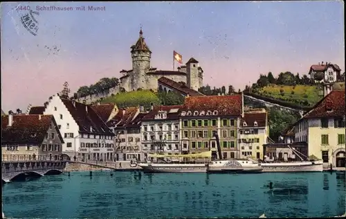 Ak Schaffhausen am Rhein Schweiz, Blick auf den Ort mit Munot, Salondampfer Neptun