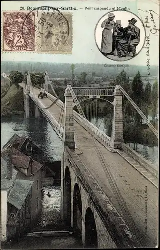 Ak Beaumont Sarthe, Pont suspendu et Moulin, Costume Sarthois