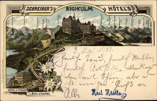 Litho Rigi Kulm Kanton Schwyz, Schreibers Hotel, Pension Rigi Staffel