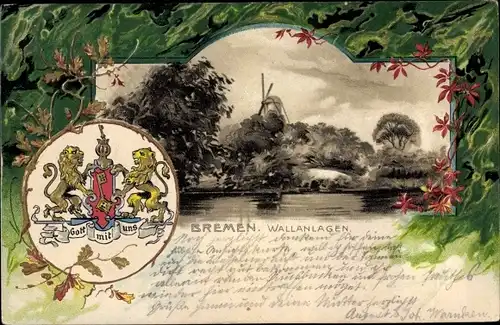 Präge Wappen Passepartout Litho Hansestadt Bremen, Wallanlagen, Windmühle