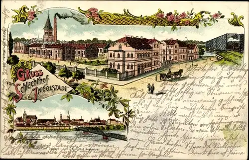 Litho Ingolstadt an der Donau Oberbayern, Schlachthof, Straßenpartie, Totalansicht