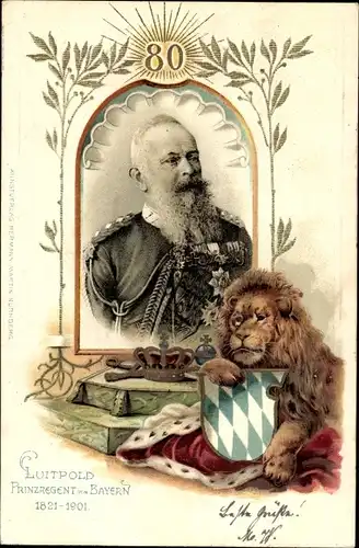 Wappen Litho Prinzregent Luitpold von Bayern, Portrait, Löwe