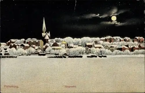 Mondschein Ak Jürgensby Flensburg in Schleswig Holstein, Totale bei Nacht im Winter