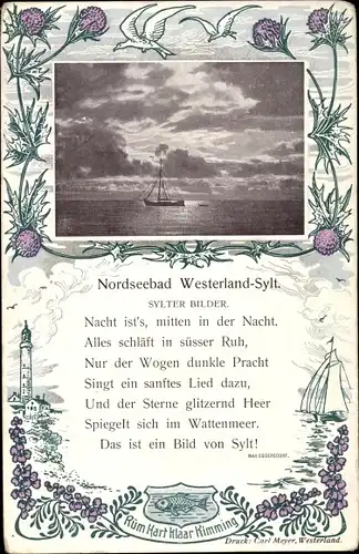 Passepartout Ak Westerland auf Sylt, Abendstimmung, Segelboot auf dem Meer, Rüm Hart Klaar Kimming