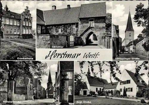 Ak Horstmar in Westfalen, Krankenhaus, Schlosstor, Kirche, Straßenansichten