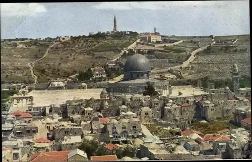 Ak Jerusalem Israel, Tempelplatz mit Felsenmoschee, Dahinter Ölberg