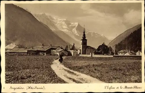Ak Argentière Haute Savoie, Kirche mit Mont Blanc