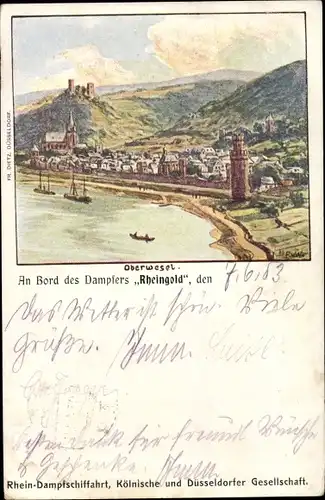 Künstler Ak Oberwesel am Rhein, An Bord des Dampfers Rheingold, Teilansicht vom Ort