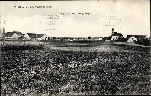 Ak Sigmertshausen Röhrmoos in Oberbayern, Panorama, Kirche, Krämerei