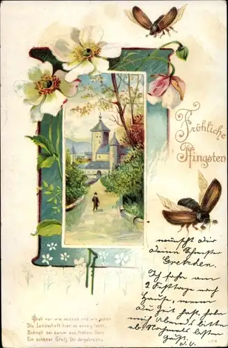 Litho Glückwunsch Pfingsten, Maikäfer, Rosen, Ortspartie