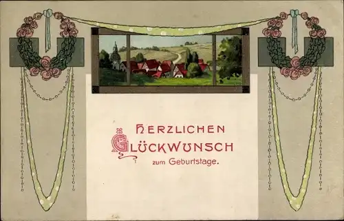 Präge Litho Glückwunsch Geburtstag, Ortsansicht