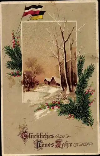 Präge Litho Glückwunsch Neujahr, Landschaftspartie, Winter