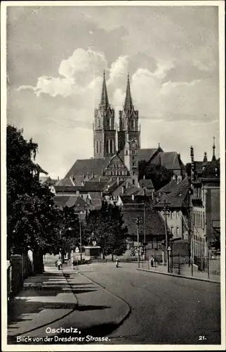 Ak Oschatz in Sachsen, Kirche von der Dresdener Straße aus gesehen