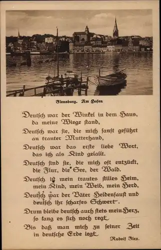 Ak Flensburg in Schleswig Holstein, Am Hafen, Gedicht von Rudolf Flex