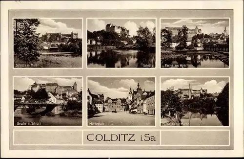Ak Colditz in Sachsen, Muldepartie, Schloss, am Wehr, Marktplatz
