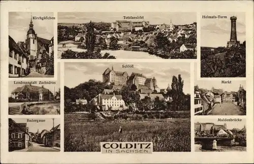 Ak Colditz in Sachsen, Totalansicht, Kirchgäßchen, Landesanstalt, Heimatsturm, Schloss, Markt, Mulde