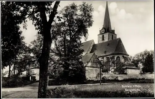 Ak Schleiz in Thüringen, Wiesenpartie, Blick zur Bergkirche