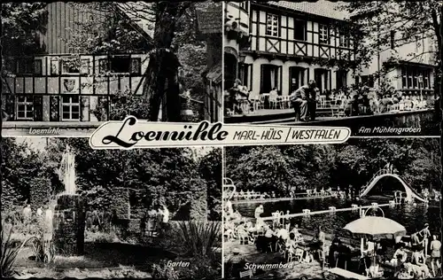 Ak Hüls Marl im Ruhrgebiet, Pension Loemühle, Am Mühlengraben, Schwimmbad