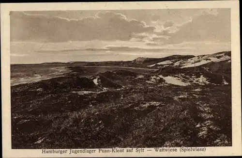 Ak Insel Sylt in Nordfriesland, Hamburger Jugendlager Puan Klent, Wattwiese, Spielwiese