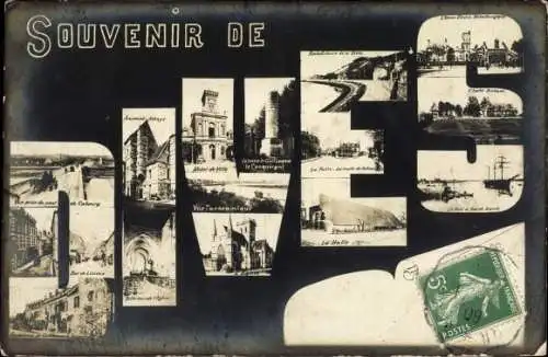 Buchstaben Ak Dives Calvados, Souvenir, pont de Cabourg, Rue de Lisieux, Eglise, Le Port