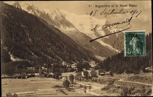 Ak Argentière Haute Savoie, Ort im Tal mit Mont Blanc