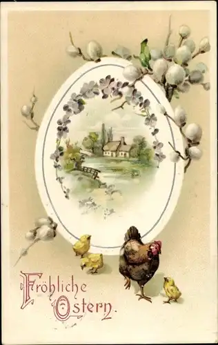 Präge Litho Glückwunsch Ostern, Weidenkätzchen, Huhn, Küken, Landschaftspartie