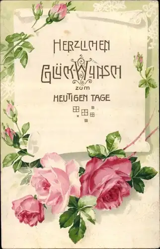 Präge Litho Glückwunsch Geburtstag, Rosenblüten