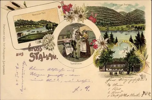 Litho Wackersberg Oberbayern, Stallauer See, Volkstracht, Restaurant Wiesweber, Blomberg