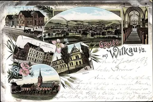 Litho Wilkau Haßlau in Sachsen, Bahnhof, Gasthof Stadt Kirchberg, Schule, Kirche