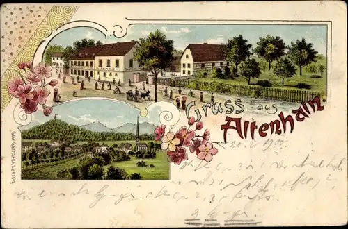 Litho Altenhain Trebsen an der Mulde Sachsen, Gasthof, Panorama, Kirche