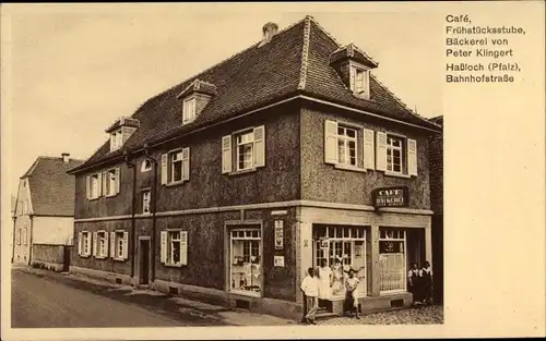 Ak Haßloch in der Saarpfalz, Cafe, Bäckerei, Bahnhofstraße