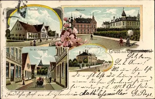 Litho Delmenhorst in Niedersachsen, Bahnhof, Bürgerschule, Postamt, Große Kirchstraße