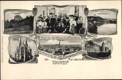 Passepartout Ak Regensburg an der Donau Oberpfalz, Gruppenbild Velocipedclub Ratisbona, Walhalla