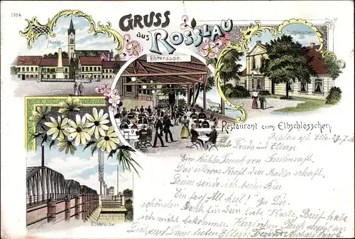 Litho Roßlau in Sachsen Anhalt, Markt, Elbterrasse, Elbbrücke, Elbschlösschen