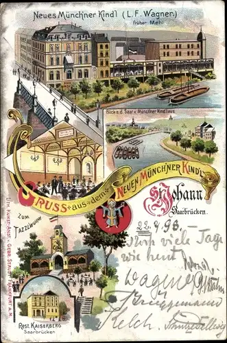 Litho St Johann Saarbrücken im Saarland, Neues Münchner Kindl, Zum Tazzlwurm, Restaurant Kaiserberg