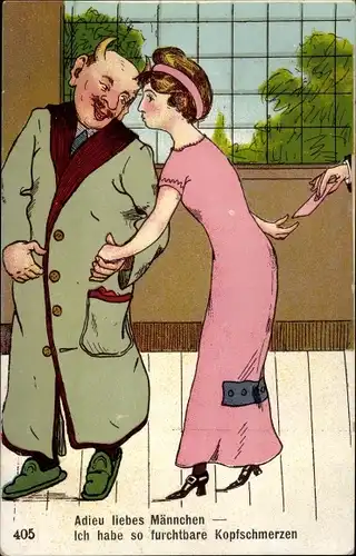 Künstler Ak Adieu liebes Männchen, ich habe Kopfschmerzen, gehörnter Ehemann