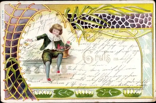Litho Junge mit Blumenkorb, Seerosen